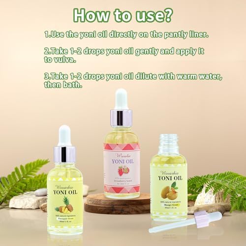 Three bottles of Wovarkie feminine deodorant oil with natural ingredients display.