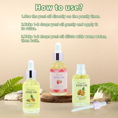 Three bottles of Wovarkie feminine deodorant oil with natural ingredients display.