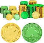 Lightweight plastic leprechaun coins held in hand to demonstrate the scale and diameter.