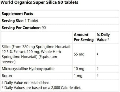 World Organic Super Silica supplement packaging displaying supplement facts and premium herbal ingredients list