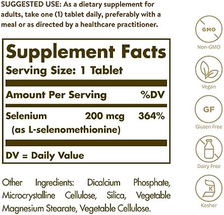 Solgar L Selenomethionine 250 tablets supplement facts label details