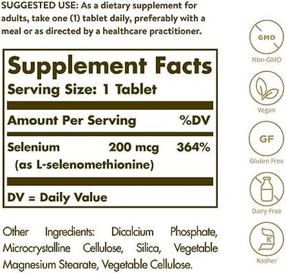 Solgar L Selenomethionine 250 tablets supplement facts label details
