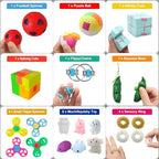 Top down view of 35 piece fidget toy bundle for kids and adults