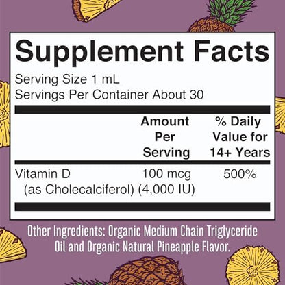 MaryRuth Organics Vitamin D3 Liquid Drops 1 fluid ounce bottle displaying instructions for use