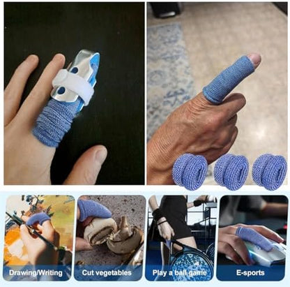 Full packaging view of LAOJU blue first aid finger dressings demonstrating 360 degree secure coverage instructions