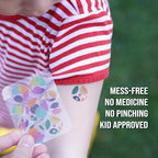 Quitch bug bite relief patch applied on a child's arm