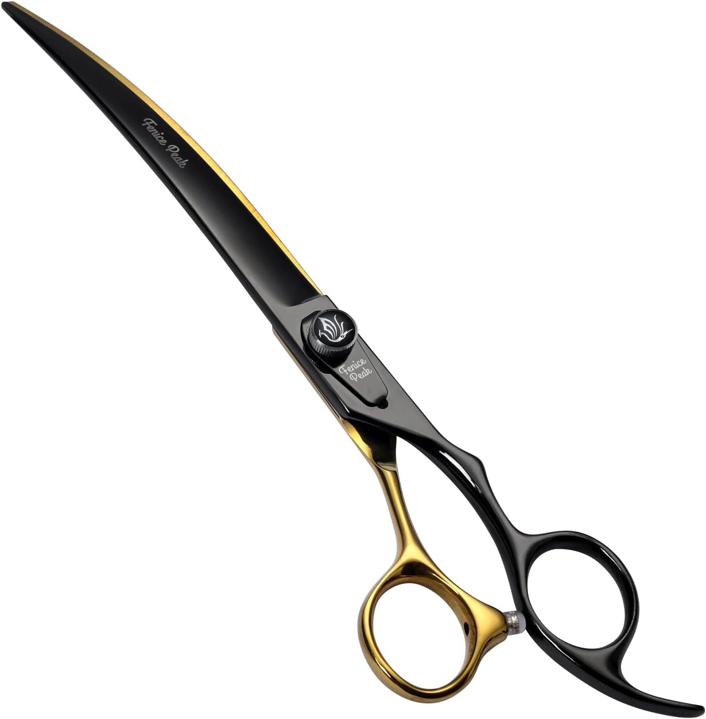 Fenice Peak 8 inch black dog grooming scissors front view showing gold curved blades and pattern screw