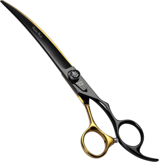 Fenice Peak 8 inch black dog grooming scissors front view showing gold curved blades and pattern screw