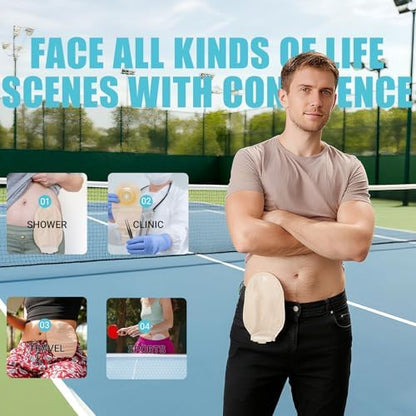 TNTNDAY thirty piece ostomy care kit layout displaying waterproof elastic protector seals