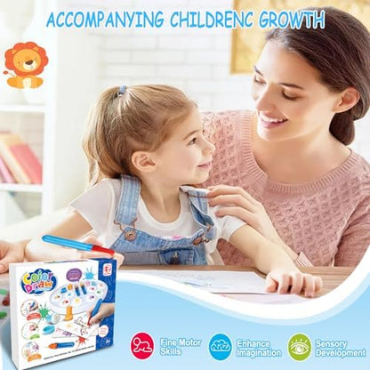 Child using the non toxic imported magic paintbrush station without staining clothes or table surfaces.