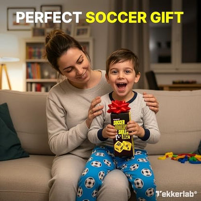 Children practicing football juggling skills with the Tekkerlab soft training dice set outdoors.