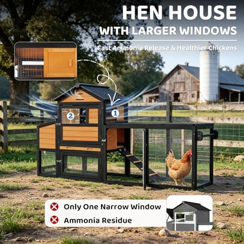 Chicken Coop with Wheels for 4-6 Chickens, Mobile Hen House with Run, Outdoor Chicken Coop, Ventilated Window, Easy-Clean Nesting Box, Weatherproof Asphalt Roof, 82.7" L x 25.6" W x 44.1" H, Brown - Image 3