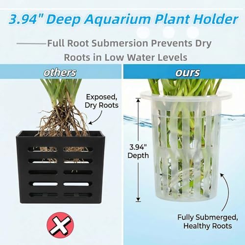 Deep design aquarium plant holder preventing dry roots in low water levels