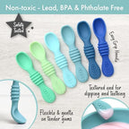 PrimaStella baby spoons seaside palette showing the textured teething end and scooping tip