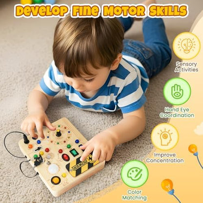 Toddler holding the portable Hoarosall wooden sensory travel toy in a car seat demonstrating its compact size for airplane and road trips.
