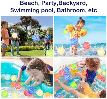 Eco-friendly reusable water balloons splashing open gently on impact during outdoor summer play