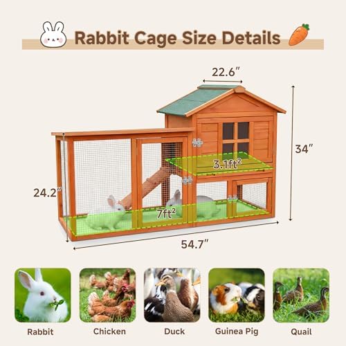 Large Outdoor Indoor Rabbit Hutch Wooden Bunny Rabbit Cage 2-Story with Run No-Leak Pull-Out Tray Waterproof Asphalt Roof Ramp for Guinea Pig Small Animal Wood Pet House Home Orange - Image 3
