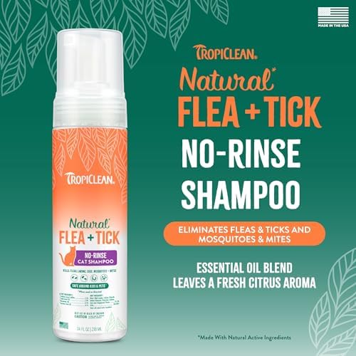 Natural essential oil ingredients label on TropiClean cat shampoo
