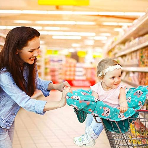 Washable baby shopping cart cover folded neatly into its attached travel pouch.