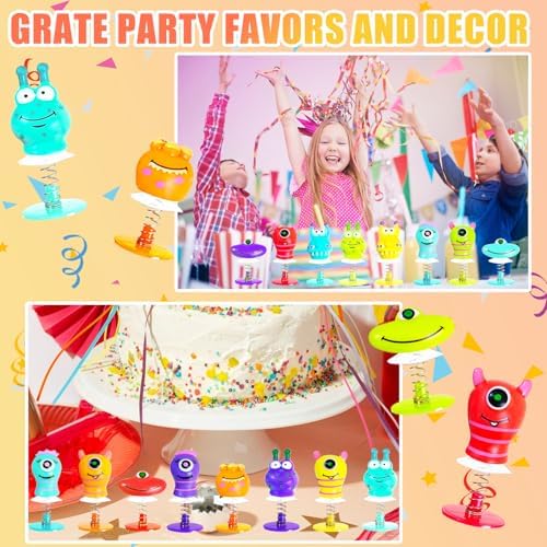 Assorted Cmaqpw pop up spring toys being used as premium fillers inside colorful birthday party goodie bags.
