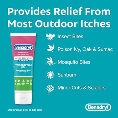 Back label of Benadryl Extra Strength gel showing ingredients and usage directions.