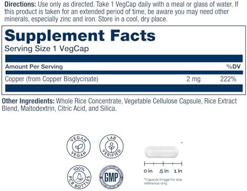 High absorption Solaray Copper Bisglycinate 2 mg mineral supplement displaying the premium post-consumer recycled resin bottle.