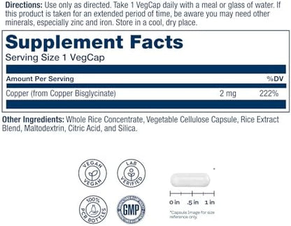 High absorption Solaray Copper Bisglycinate 2 mg mineral supplement displaying the premium post-consumer recycled resin bottle.