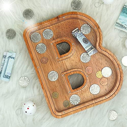 Side profile of the nine point two inch wooden alphabet bank highlighting the thick rubberwood structure and metallic enclosure screws