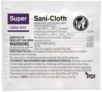 PDI Healthcare H04082 germicidal disposable wipe unfolded showing 5x8 size.