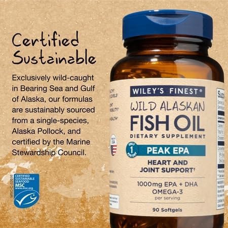Side profile of the triple strength omega-3 fish oil bottle highlighting certifications