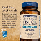 Side profile of the triple strength omega-3 fish oil bottle highlighting certifications