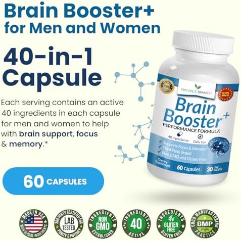 Nature's Branch 40-in-1 Brain Booster Supplement side label showing detailed list of forty active ingredients and vitamins.