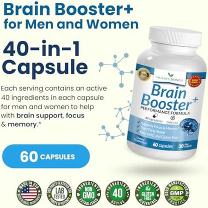 Nature's Branch 40-in-1 Brain Booster Supplement side label showing detailed list of forty active ingredients and vitamins.