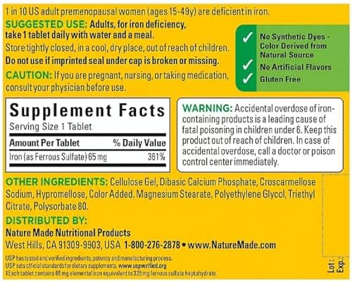 Authentic USA imported Nature Made Iron tablets bottle showcasing the clean ingredients list and quality seal.