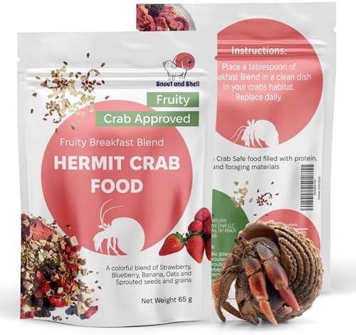 Fruity breakfast blend crab food bag highlighting premium high protein ingredients.