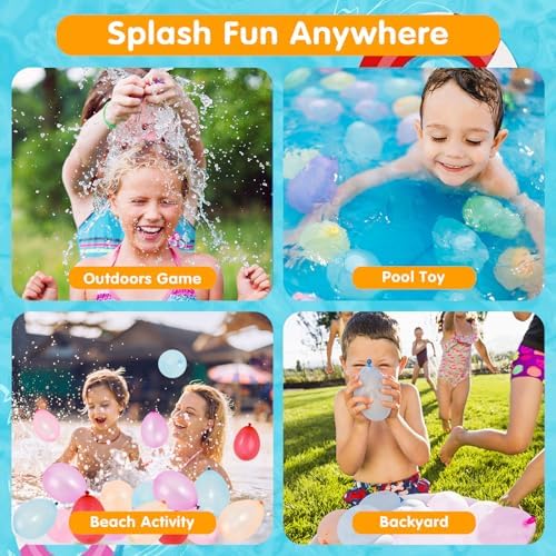 Outdoor summer pool party scene featuring kids playing with colorful small splash balloons.