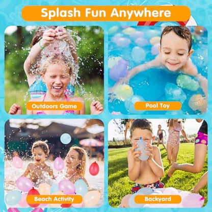 Outdoor summer pool party scene featuring kids playing with colorful small splash balloons.