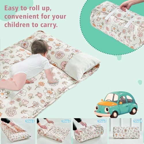 Pink flower pattern children sleeping bag flat view on floor