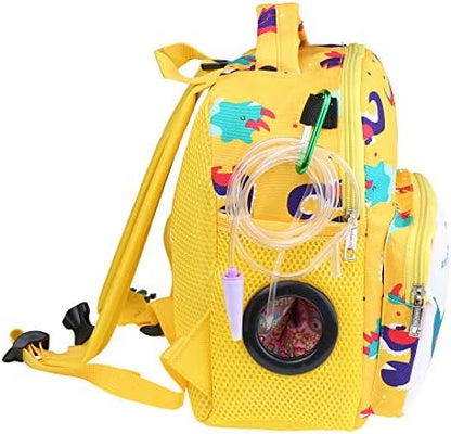 Pinklilycare G tube backpack side view highlighting the tube outlet eyelet