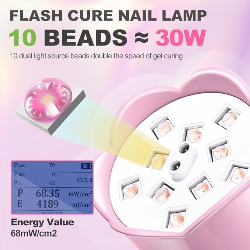 Pink cordless mini UV light for nails with flexible neck bent at an angle for easy flash curing.