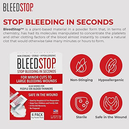 Portable BleedStop packets for survival gear and home emergency kits