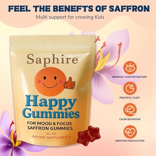 Saphire Happy Chews saffron supplement packaging displaying sugar free and vegan labels