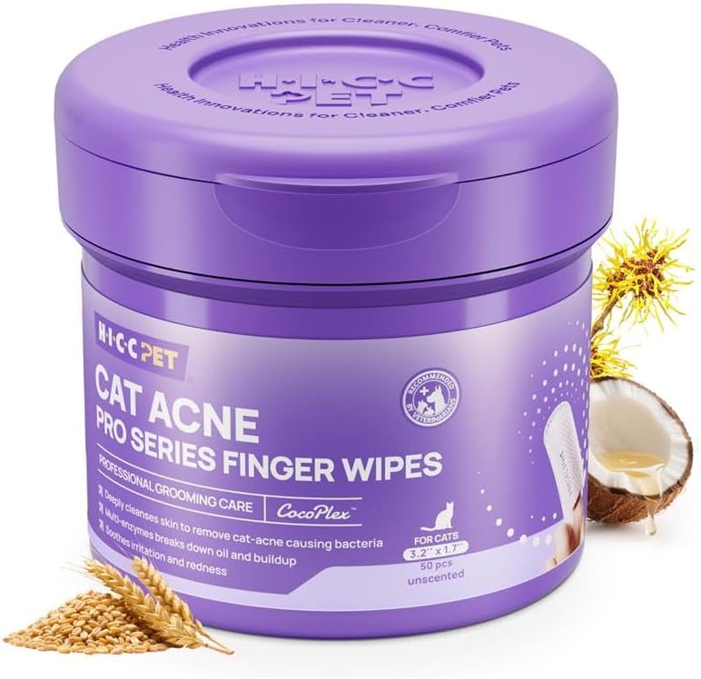 HICC PET Cat Chin Acne Finger Wipes front view of purple canister packaging.