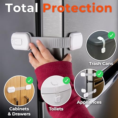 HomeBrella childproof locks installed on white kitchen cabinet doors