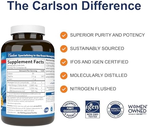 Carlson Labs Maximum Omega 2000 side label showing nutritional facts and omega-3 breakdown.