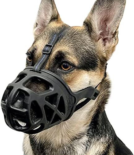 Side view of Barkless humane mouth cover illustrating the adjustable nylon straps and secure buckle closure.