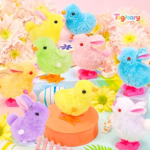 Soft fuzzy clockwork hopping rabbit and chicken toy set for toddlers close up shot