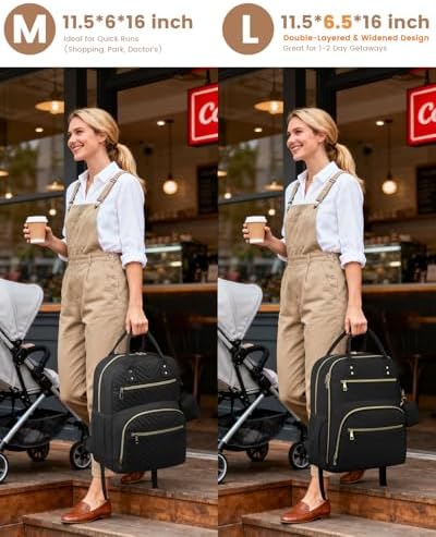 Side view of the quilted black baby essentials backpack highlighting the adjustable shoulder straps and water-resistant polyester fabric