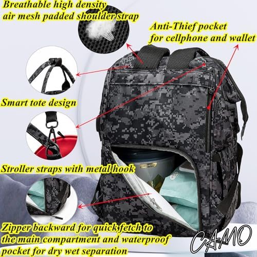 Qwreoia black camo backpack attached to stroller with integrated straps