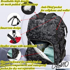 Qwreoia black camo backpack attached to stroller with integrated straps